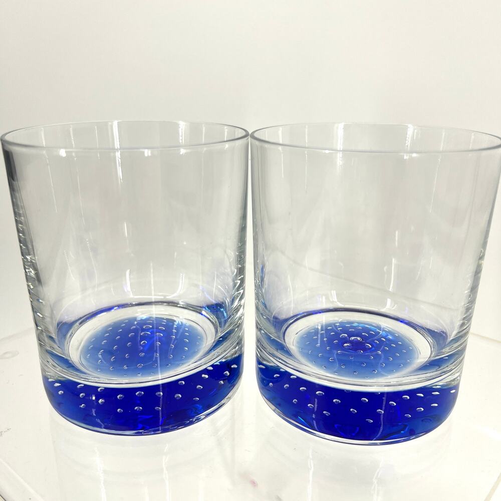 2 American Atelier Old Fashioned Rocks Cobalt Blue Controlled Bubble Glasses